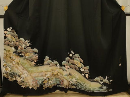 平和屋着物■豪華黒留袖　作家物　駒刺繍　渡橋御所車風景文　金彩　正絹　逸品　AABL4476sx