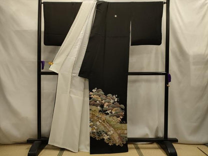 平和屋着物■豪華黒留袖　作家物　駒刺繍　渡橋御所車風景文　金彩　正絹　逸品　AABL4476sx