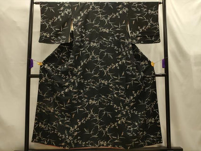 平和屋着物■上質な小紋　草花文　黒地　一斤染色　正絹　逸品　AABL4489sx