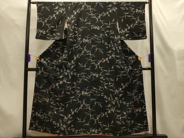 平和屋着物■上質な小紋　草花文　黒地　一斤染色　正絹　逸品　AABL4489sx
