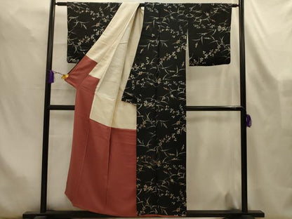 平和屋着物■上質な小紋　草花文　黒地　一斤染色　正絹　逸品　AABL4489sx