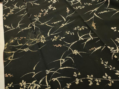 平和屋着物■上質な小紋　草花文　黒地　一斤染色　正絹　逸品　AABL4489sx