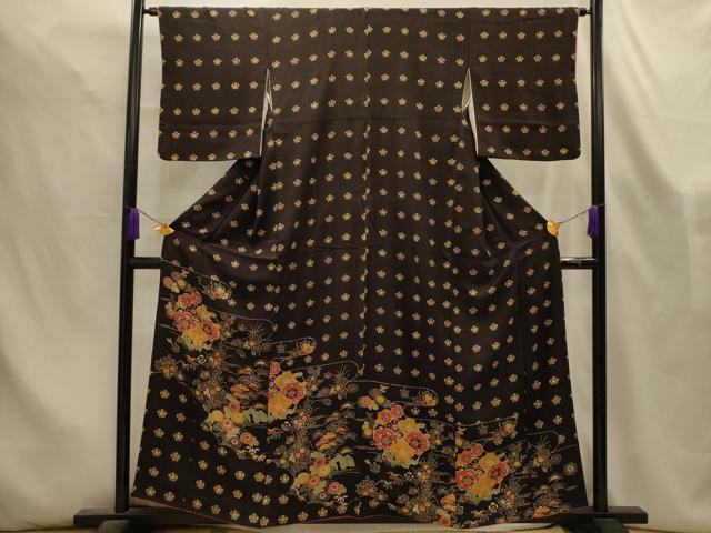 平和屋着物■訪問着　型染め　松竹梅霞取花文　黒地　正絹　逸品　AABL4491sx