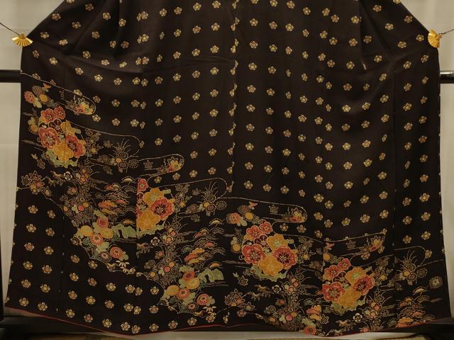 平和屋着物■訪問着　型染め　松竹梅霞取花文　黒地　正絹　逸品　AABL4491sx