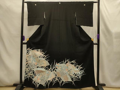 平和屋着物■豪華黒留袖　駒刺繍　扇面花鳥文　金銀彩　正絹　逸品　AABL4505sx