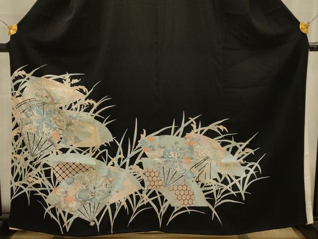平和屋着物■豪華黒留袖　駒刺繍　扇面花鳥文　金銀彩　正絹　逸品　AABL4505sx