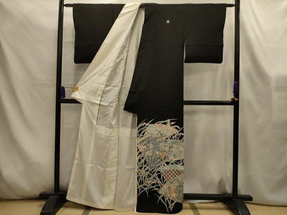 平和屋着物■豪華黒留袖　駒刺繍　扇面花鳥文　金銀彩　正絹　逸品　AABL4505sx