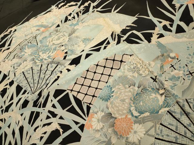 平和屋着物■豪華黒留袖　駒刺繍　扇面花鳥文　金銀彩　正絹　逸品　AABL4505sx