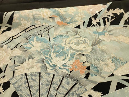 平和屋着物■豪華黒留袖　駒刺繍　扇面花鳥文　金銀彩　正絹　逸品　AABL4505sx
