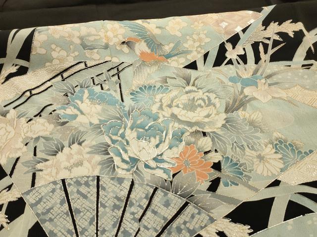 平和屋着物■豪華黒留袖　駒刺繍　扇面花鳥文　金銀彩　正絹　逸品　AABL4505sx