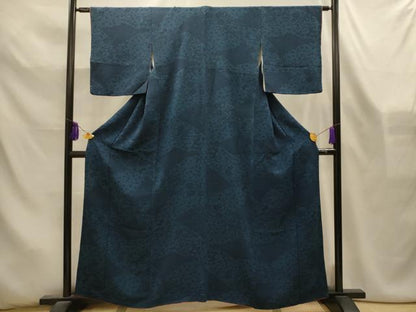 平和屋着物■上質な小紋　型染め　藍　花唐草文　鬼しぼ縮緬　正絹　逸品　AABL4528sx