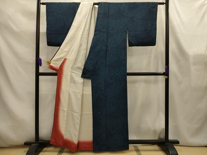 平和屋着物■上質な小紋　型染め　藍　花唐草文　鬼しぼ縮緬　正絹　逸品　AABL4528sx