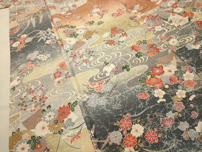 平和屋着物■上質な小紋　流水地紙花文　暈し染め　金銀彩　正絹　逸品　AABL4532sx
