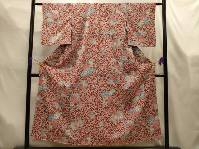 平和屋着物■小紋　型染め　雪輪花蝶文　洗える着物　AABL4555sx