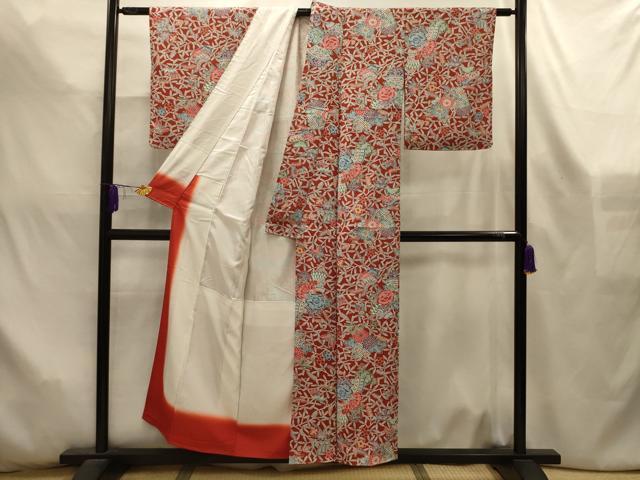 平和屋着物■小紋　型染め　雪輪花蝶文　洗える着物　AABL4555sx