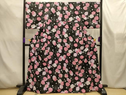 平和屋着物■小紋　薔薇　黒地　洗える着物　AABL4556sx