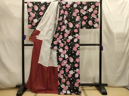 平和屋着物■小紋　薔薇　黒地　洗える着物　AABL4556sx