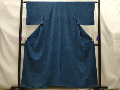 平和屋着物■上質な小紋　藍　型染め　花籬文　鬼しぼ縮緬　正絹　逸品　AABL4568sx