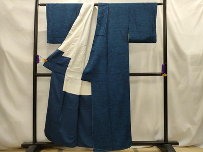 平和屋着物■上質な小紋　藍　型染め　花籬文　鬼しぼ縮緬　正絹　逸品　AABL4568sx