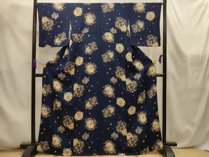 平和屋着物■上質な小紋　型染め　松竹梅花丸文　鬼しぼ縮緬　正絹　逸品　AABL4569sx