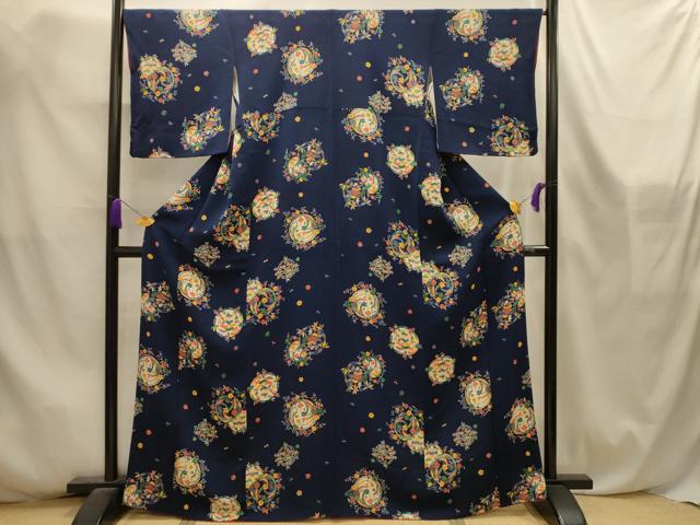 平和屋着物■上質な小紋　型染め　松竹梅花丸文　鬼しぼ縮緬　正絹　逸品　AABL4569sx