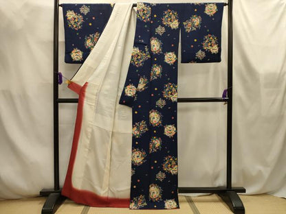 平和屋着物■上質な小紋　型染め　松竹梅花丸文　鬼しぼ縮緬　正絹　逸品　AABL4569sx