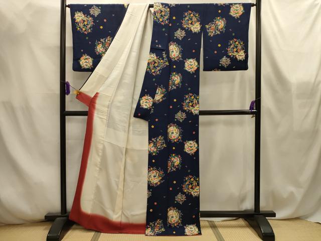 平和屋着物■上質な小紋　型染め　松竹梅花丸文　鬼しぼ縮緬　正絹　逸品　AABL4569sx