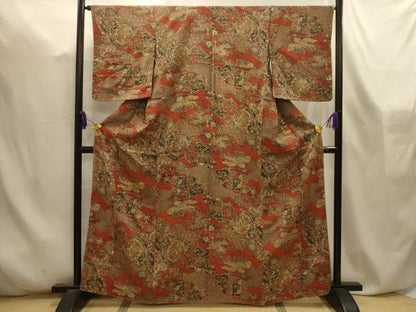 平和屋着物■上質な小紋　破れ地紙花鳥絵皿文　鬼しぼ縮緬　正絹　逸品　AABL4582sx