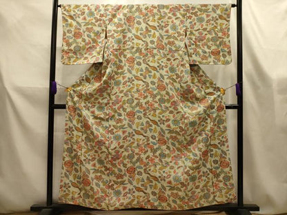 平和屋着物■上質な小紋　更紗花鳥舞蝶文　正絹　逸品　AABL4597sx
