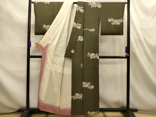 平和屋着物■上質な小紋　草花文　鬼しぼ縮緬　正絹　逸品　AABL4647sx