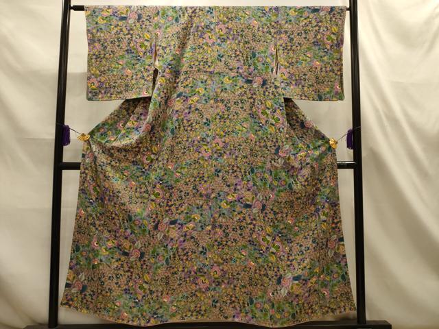 平和屋着物■上質な小紋　裂取更紗花文　正絹　逸品　AABL4654sx