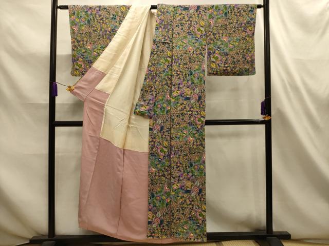 平和屋着物■上質な小紋　裂取更紗花文　正絹　逸品　AABL4654sx