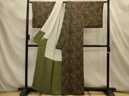 平和屋着物■上質な小紋　裂取更紗花文　鬼しぼ縮緬　正絹　逸品　AABL4669sx