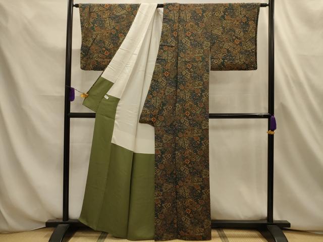 平和屋着物■上質な小紋　裂取更紗花文　鬼しぼ縮緬　正絹　逸品　AABL4669sx