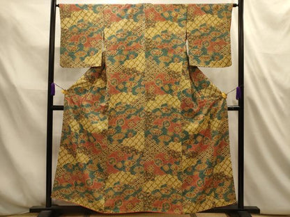 平和屋着物■上質な小紋　型染め　雲取り地紙花鳥文　正絹　逸品　AABL4726sx