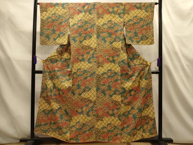 平和屋着物■上質な小紋　型染め　雲取り地紙花鳥文　正絹　逸品　AABL4726sx