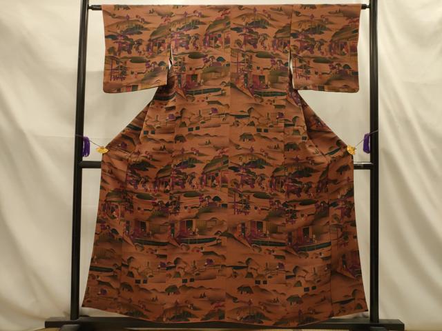 平和屋着物■訪問着　人物風景文　鬼しぼ縮緬　正絹　逸品　AABL4745sx