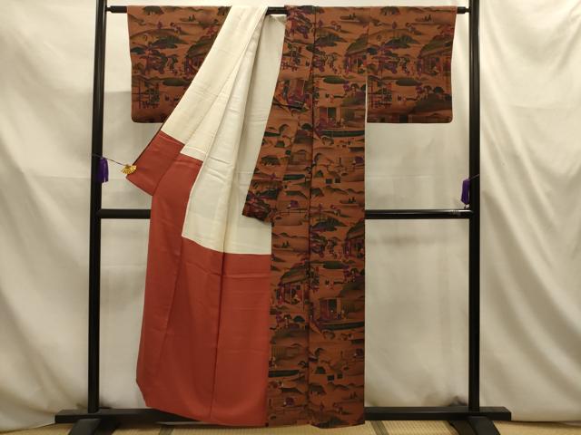 平和屋着物■訪問着　人物風景文　鬼しぼ縮緬　正絹　逸品　AABL4745sx