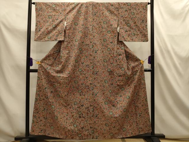 平和屋着物■上質な小紋　紬地　花更紗文　正絹　逸品　AABL4781sx