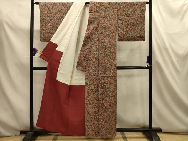 平和屋着物■上質な小紋　紬地　花更紗文　正絹　逸品　AABL4781sx