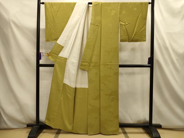 平和屋着物■上質な色無地　立波枝花地紋　青朽葉色　正絹　逸品　AABL4786sx