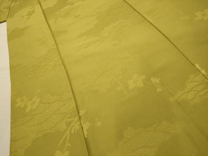 平和屋着物■上質な色無地　立波枝花地紋　青朽葉色　正絹　逸品　AABL4786sx