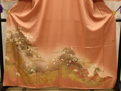 平和屋着物■十日町友禅作家　龍谷　訪問着　道長扇面花鳥文　暈し染め　金銀彩　正絹　逸品　AABL4791sx