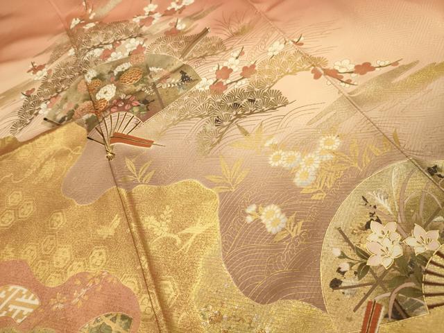 平和屋着物■十日町友禅作家　龍谷　訪問着　道長扇面花鳥文　暈し染め　金銀彩　正絹　逸品　AABL4791sx
