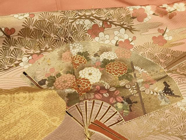 平和屋着物■十日町友禅作家　龍谷　訪問着　道長扇面花鳥文　暈し染め　金銀彩　正絹　逸品　AABL4791sx
