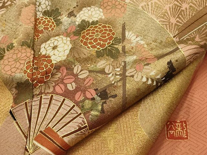 平和屋着物■十日町友禅作家　龍谷　訪問着　道長扇面花鳥文　暈し染め　金銀彩　正絹　逸品　AABL4791sx