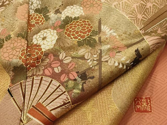 平和屋着物■十日町友禅作家　龍谷　訪問着　道長扇面花鳥文　暈し染め　金銀彩　正絹　逸品　AABL4791sx