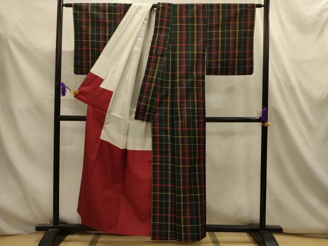 平和屋着物■本場縞大島紬　格子　黒地　正絹　逸品　AABL4792sx