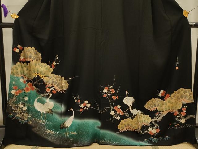 平和屋着物■谷崎潤一郎の世界　黒留袖　駒刺繍　松竹梅群れ鶴文　暈し染め　金銀彩　正絹　逸品　AABL4796sx