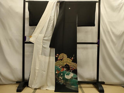 平和屋着物■谷崎潤一郎の世界　黒留袖　駒刺繍　松竹梅群れ鶴文　暈し染め　金銀彩　正絹　逸品　AABL4796sx